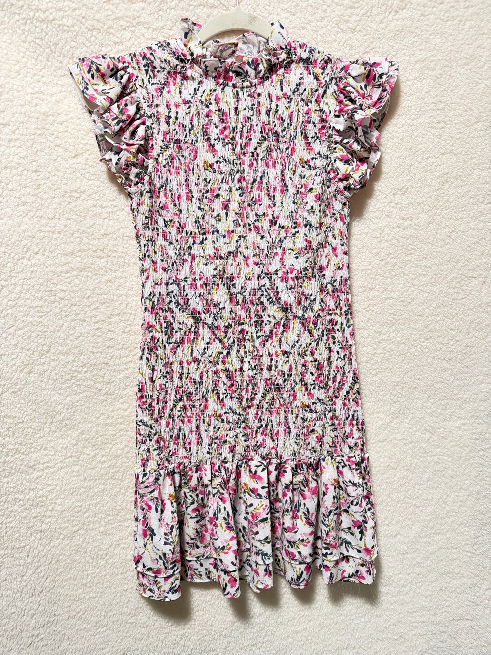 FRENCH CONNECTION Pink Floral Smocked Ruffle Dress Size Small